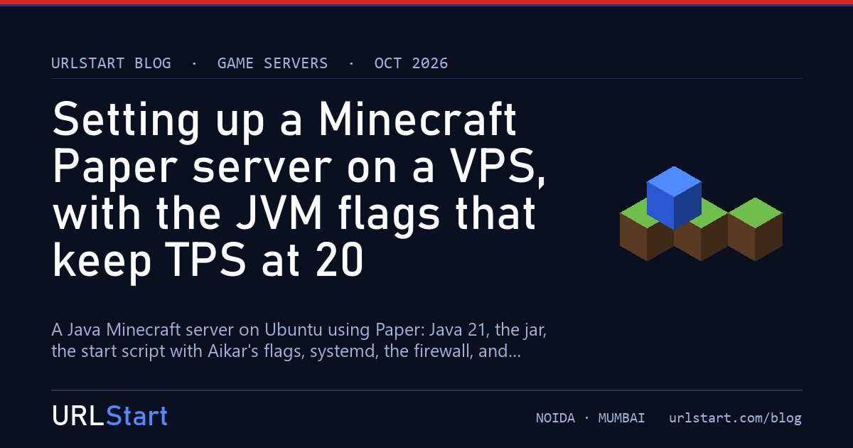 Setting up a Minecraft Paper server on a VPS, with the JVM flags that keep TPS at 20 — URLStart blog cover