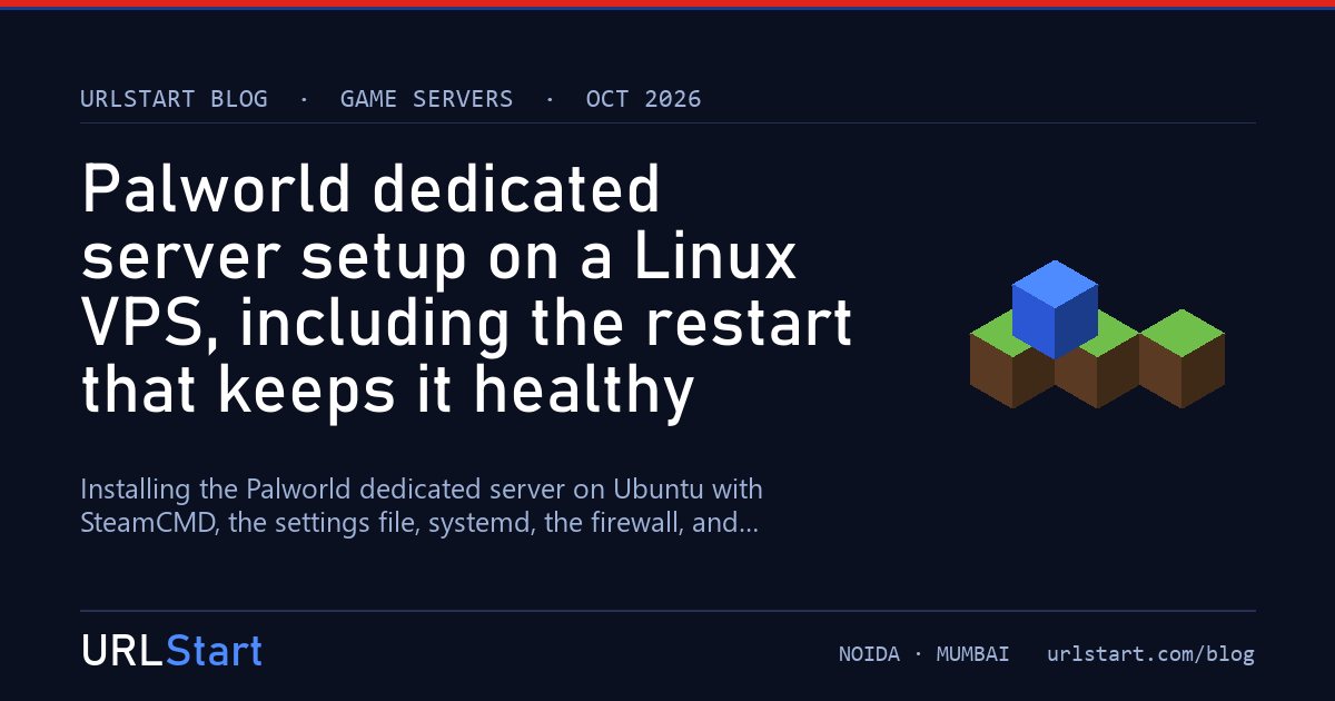 Palworld dedicated server setup on a Linux VPS, including the restart that keeps it healthy — URLStart blog cover