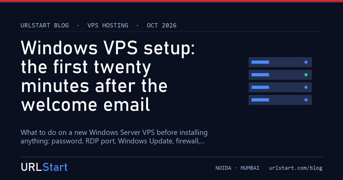 Windows VPS setup: the first twenty minutes after the welcome email — URLStart blog cover